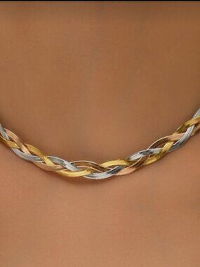 Gold Plated Stainless Steel Tri-Tone Braided Necklace